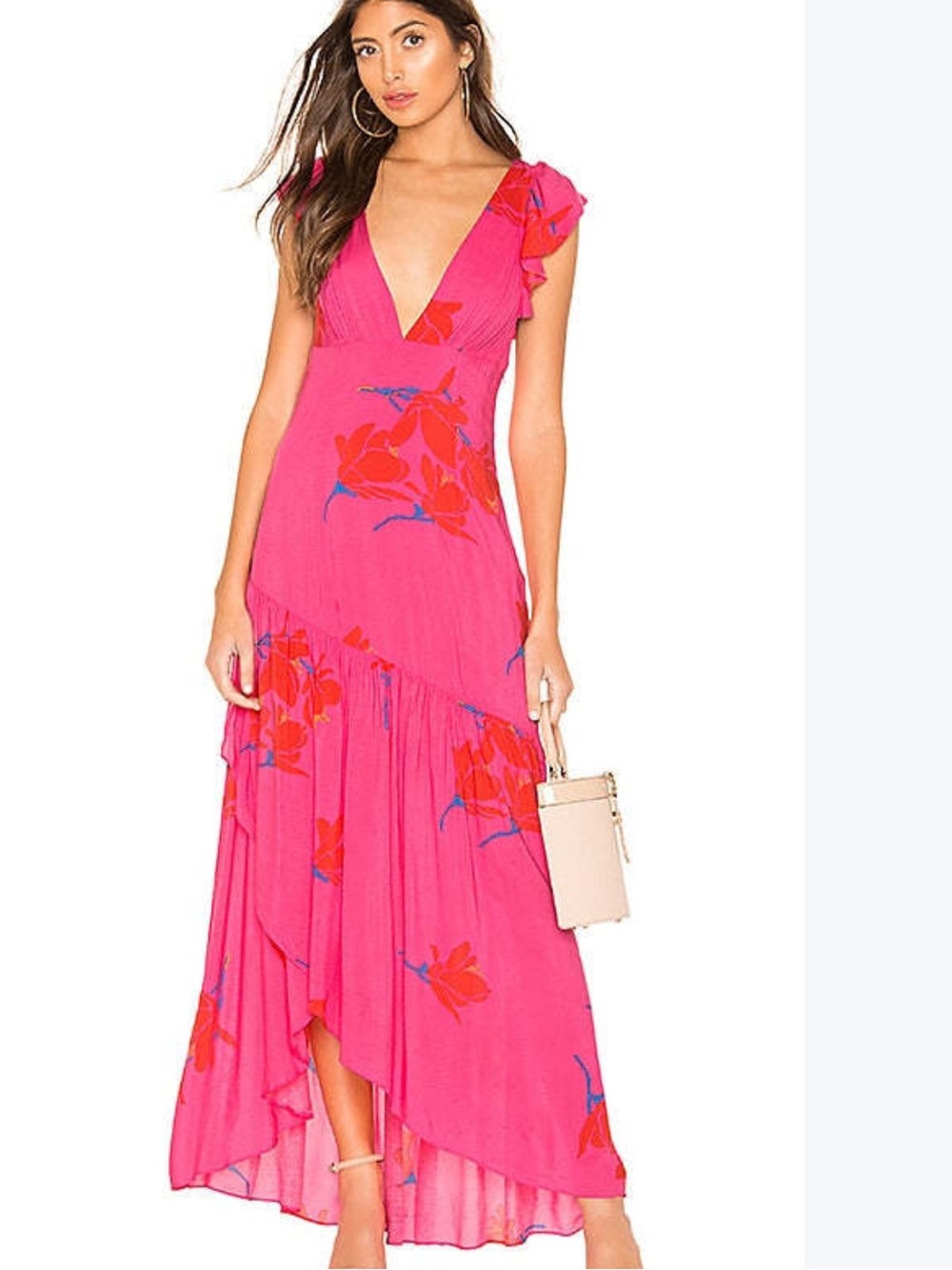 Free People Hot Pink Floral Waterfall Maxi Dress